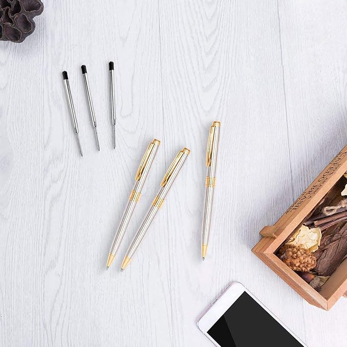 Cambond Ballpoint Pens Black Ink Pens - Gold Bulk Pen Gift for Men Women Police Retractable Smooth Writing Pen Pack Black Ink 1.0 mm Medium Point,3 Pens with 3 Refills (Gold)