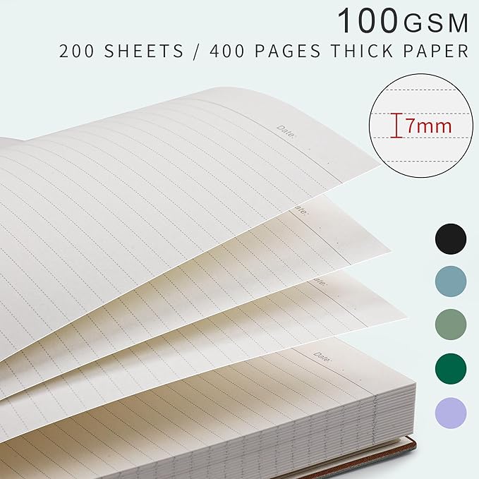 EMSHOI A4 College Ruled Notebook Journal- 400 Pages (200 sheets), 7mm Spacing & Vegan Leather Cover for Work, School, Bible Study, Bullet Journaling- with Sticky Notes, Pocket & Pen Holder - Green