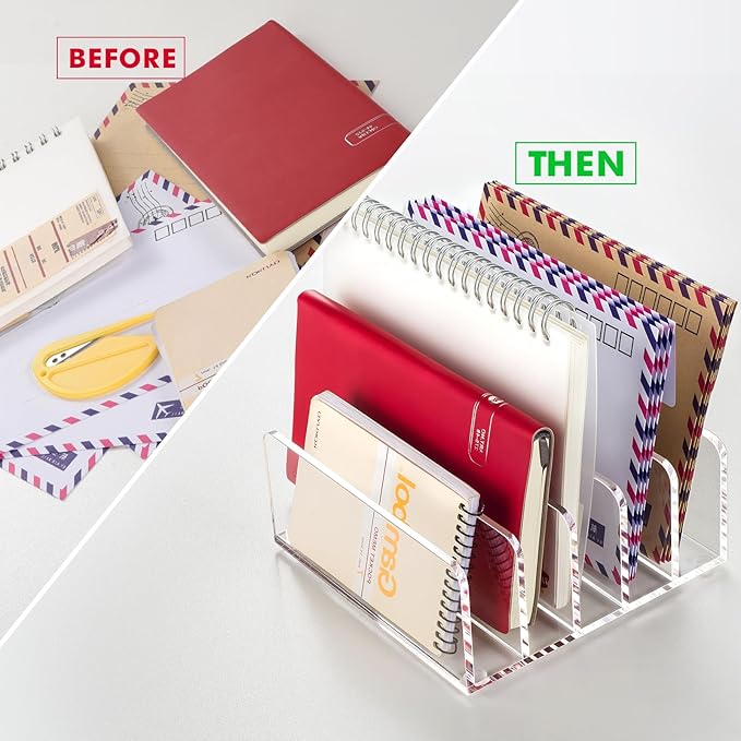 BEYGORM Acrylic Mail Holder, Clear Multifunction Desk Organizer with Divider, Vertical Letter Sorter for Desktop, 5 Compartments Modern Office Home Envelope Organizer for Bill, Document, Notebook