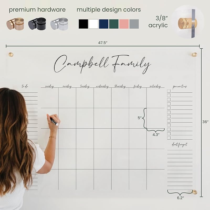 Personalized Clear Acrylic Calendar for Wall, Calendar Whiteboard for Wall, Dry Erase Wall Calendar, Wall Calendar Organizer System for Home (Cursive, Grey, 47.5"W x 36"H)