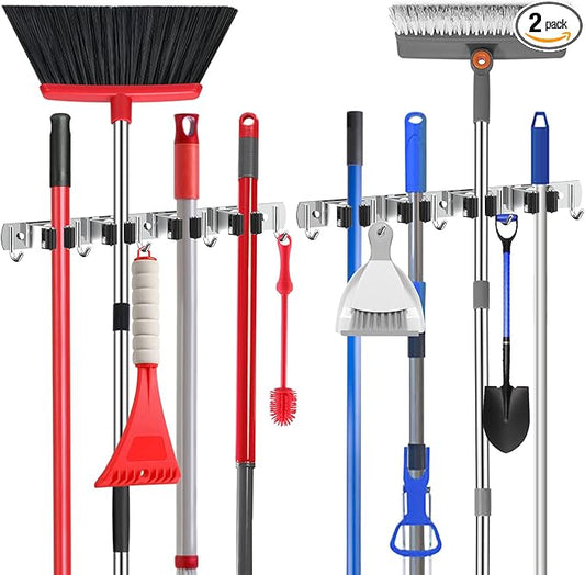 nacena Broom holder Wall Mount, 2-Pack Silver Stainless Steel Self-Adhesive Mop and Broom Hooks Heavy Duty Broom and Mop Storage Rack laundry room organization for Kitchen Garden garage