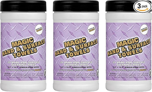 Magic Heavy Duty Cleaning Wipes - Single Sided Hand & Surface Shop Towels | Professional-grade Cleaning | Waterless | Moisturizing | Cleans Grease, Oil, Dirt, & more (3 Pack | 75 Sheets Total)