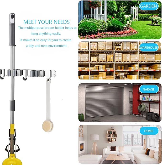 Mop and Broom Hanger Wall Mount, stainless steel Broom Hook Organizer Wall Mounted, Heavy Duty Mop Holder Storage Rack - 3 Racks 4 Hooks for hanging brooms and mops