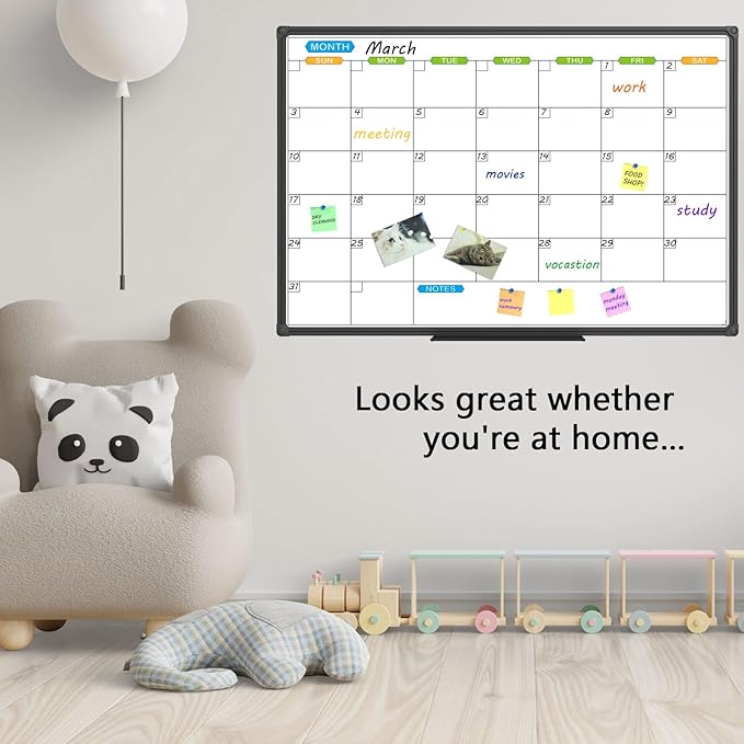 JILoffice Dry Erase Calendar Whiteboard 48 X 36 Inch - Magnetic White Board Calendar Monthly, Black Aluminum Frame Wall Mounted Board for Office Home and School