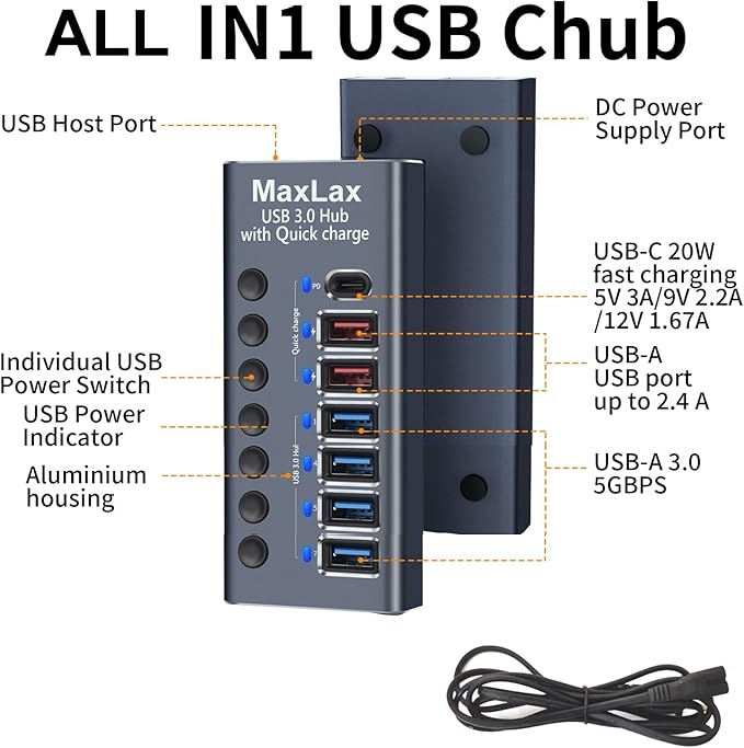 MaxLax Aluminum 7 Ports USB 3.0 hub with Charging Function, 36W (12V/3A) Power Adapter,Individual Power swiches