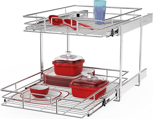 ROOMTEC Individual Pull Out Cabinet Organizer (15½" W x 21½" D), 2 Tier Spice Rack Organizer for Cabinet, Slide Out Drawer Pantry Shelf Organization and Storage for Kitchen Bathroom
