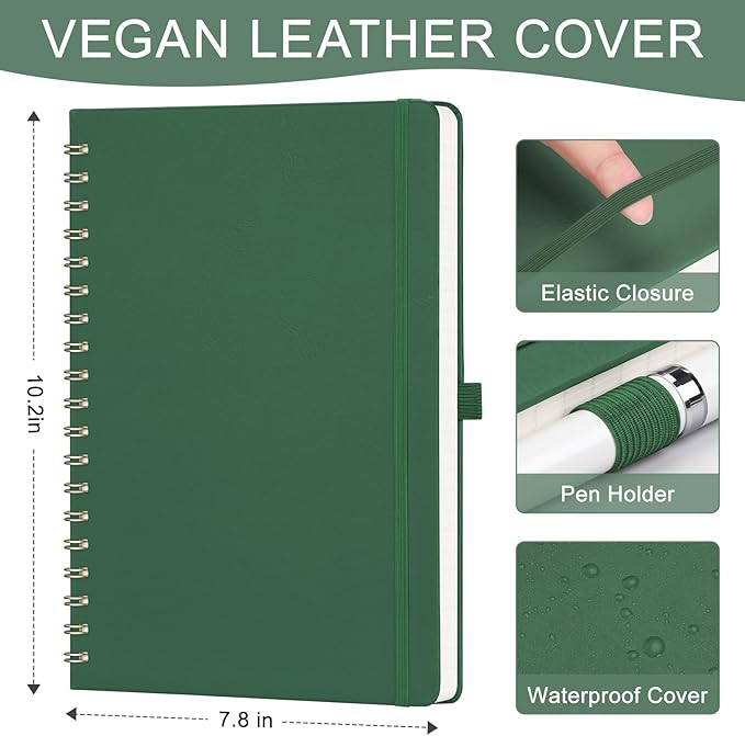 AHGXG Lined Spiral Journal Notebook, B5 Large Notebooks for Women Men, 140 Pages Hardcover Leather Notebook College Ruled, 100 GSM Paper, Notebooks for Work School Note Taking, 7.6" x 10", Green