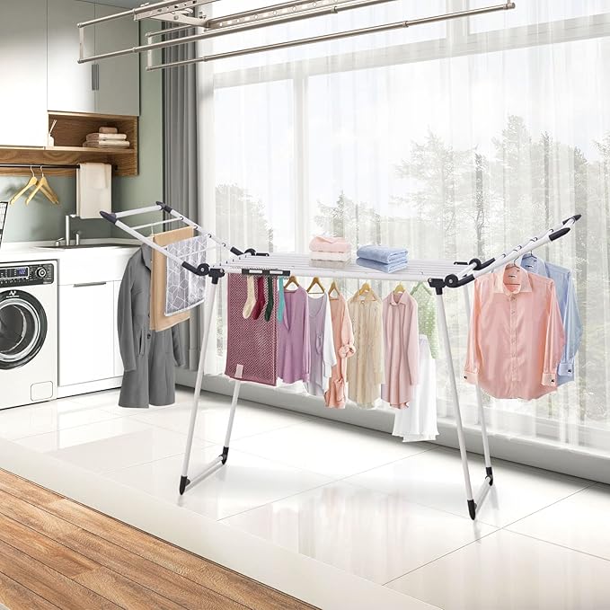 Clothes Drying Rack, Gullwing Laundry Rack, Collapsible, Space-Saving Laundry Rack, with Sock Clips, for Clothes, Towels, Linens, Indoor/Outdoor