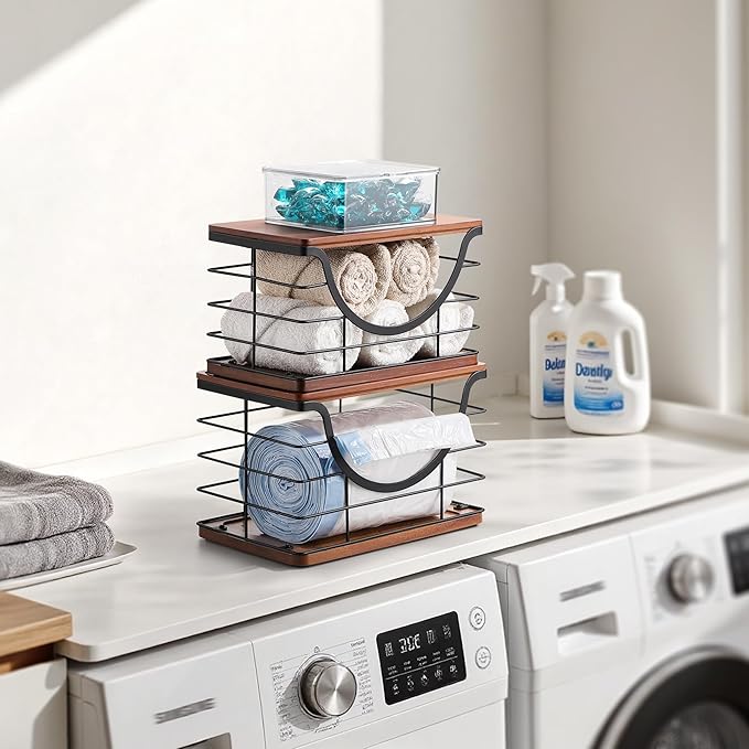 Extra Large Trash Bag Holder Stackable Kitchen Storage, 2 Pack Wall Mounted Pantry Organizers and Storage with Bamboo Top, Garbage Bag Dispenser Under Sink for Laundry Room and Kitchen