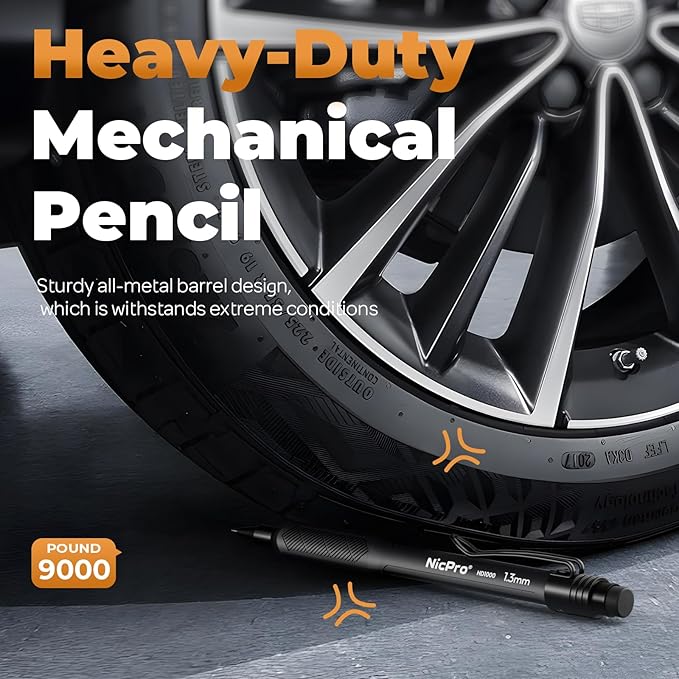 Nicpro 3 Pack Weatherproof Mechanical Pencil Set, 1.3mm Metal Mechanical Pencils, Heavy Duty Pencil for Outdoor All Weather Marking Drafting Drawing with 75 Lead Refills, Erasers, Case (Black, HD1000)