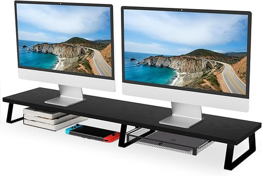 Aothia Large Dual Monitor Stand Riser - Monitor Stand For 2 Monitors, Monitor Stand With Drawer,Desk Shelf For Monitor, Wood Monitor Riser Stand with Storage Organize For Pc,Tv,Laptop,Screen (Black)