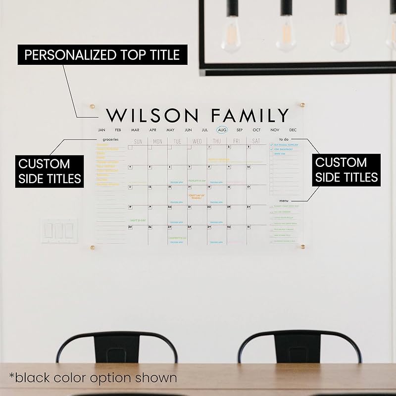 Personalized Clear Acrylic Calendar for Wall, Calendar Whiteboard for Wall, Dry Erase Wall Calendar, Wall Calendar Organizer System for Home (Block, Black, 47.5"W x 36"H)