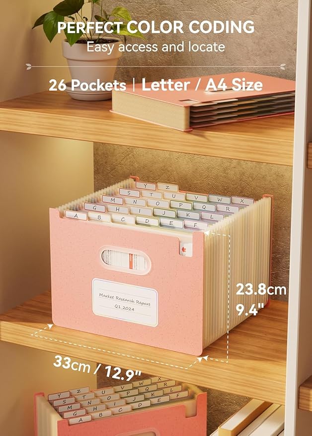 Accordion File Organizer, 26 Pockets Wheat Straw Expanding File Folders, Upright&Open Top, A-Z Bill Receipt Organizer, 100% BPA Free, Return to Nature, Healthy Living, Letter/A4 Size-2 Packs