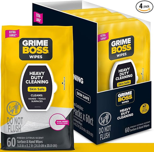 Grime Boss Heavy Duty Surface and Hand Wipes (4x60ct) | Wet Wipes Remove Paint, Oil, Grease, Adhesives, Mud, Dirt | Shop Wipes Replace Cleaners like Rags, Towels, Pumice, Soap