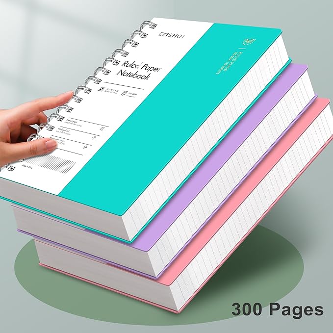 EMSHOI A5 Spiral Notebook College Ruled Lined Journal, Small 5.7" X 8.22", 300 Pages/150 Sheets, 100gsm Thick Paper, Waterproof Hardcover, for Office School Women Men Work Writing Notes-LightBlue
