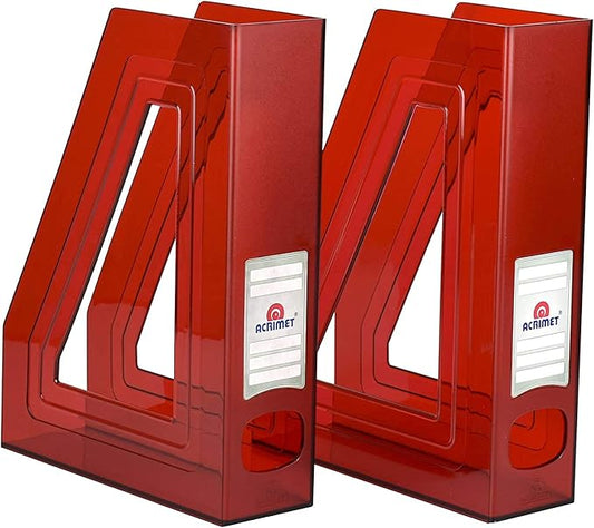 Acrimet Magazine File Holder, Durable Rack, Space-Saving Organizer (Plastic) (Clear Red Color) (2 Pack)
