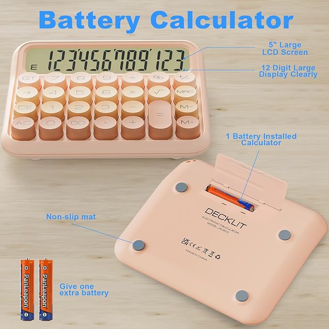 Mechanical Calculator 12 Digit Extra Large 5-Inch LCD Display, DECKLIT Battery Desk Calculator, Big Buttons Easy to Press Office Calculators Desktop, 15°Tilt Screen for Kids Calculator(Colourful)