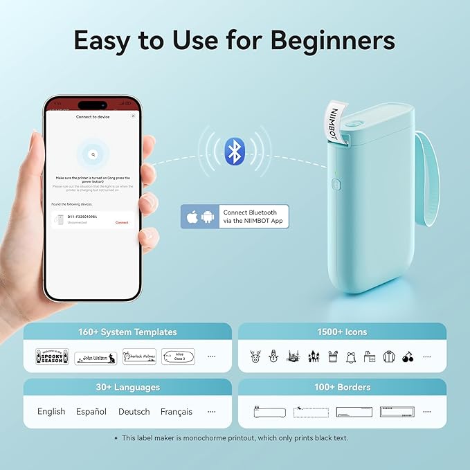 NIIMBOT Label Maker Machine D11 Label Printer Portable Wireless Connection Multiple Templates Available for Phone Easy to Use Office Home Organization USB Rechargeable