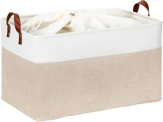 DULLEMELO 70L Extra Large Storage Bin, 22" x 15" x 13" Oversized Storage Basket, Collapsible Storage Box, Fabric Clothes Toys Blanket Basket for Shelves, Laundry, Nursery (White&Khaki)