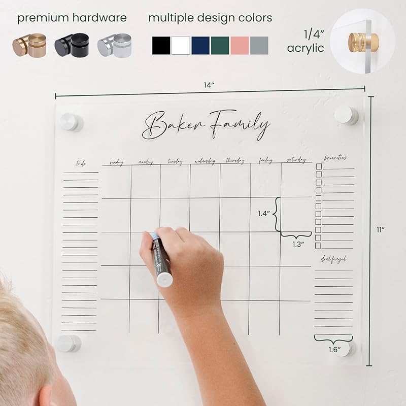 Personalized Clear Acrylic Calendar for Wall, Calendar Whiteboard for Wall, Dry Erase Wall Calendar, Wall Calendar Organizer System for Home (Cursive, Black, 14"W x 11"H)