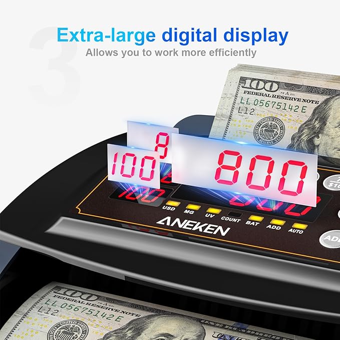 Aneken Money Counter with Value Count, UV/MG/IR Counterfeit Detection for Dollars Euros Machine with Count/Add/Batch/Auto Modes, Cash Counter with External LCD Display, White