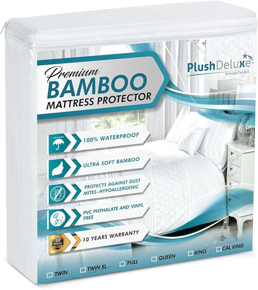 PlushDeluxe Premium Bamboo Mattress Protector – King Size, Waterproof, & Ultra Soft Breathable Noiseless Washable Bed Mattress Cover for Comfort & Protection - White