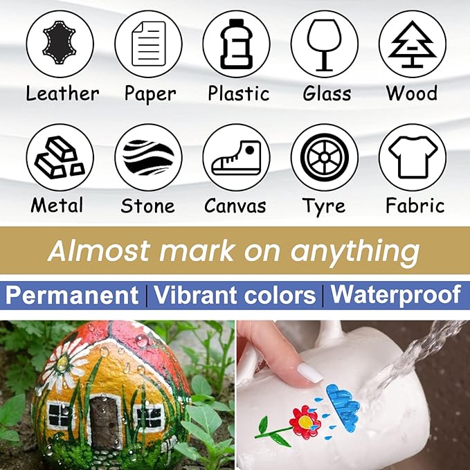 Overseas White Paint Pens Paint Markers - Permanent Acrylic Markers 2 Pack, Water Based, Quick Dry, Waterproof Marker Pen for Rock, Wood, Plastic, Metal, Canvas, Glass, Fabric, Mugs. Medium Tip