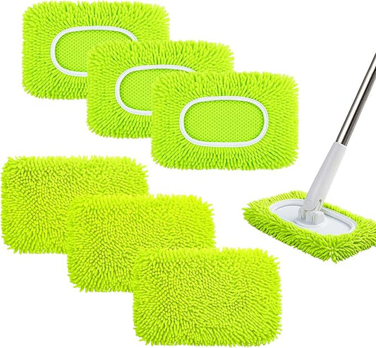 6PCS Reusable Mop Pads Fit for Flat Mops, Chenille Mop Refill Pads Washable Mop Covers, Household Replacement Mop Pads Wet & Dry Sweeping Cloths Mopping Pad Refills for Hardwood Floor Cleaning (Green)