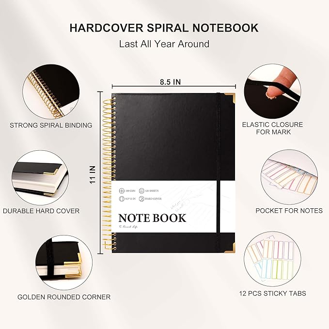 FLYING EAGLE Black Spiral Notebook College Ruled 8.5 X 11 with Tab Stickers Large Hardcover Notebooks for School Supplies A4 Note Book Journal Notebooks for Work Note Taking Office, 200 Pages
