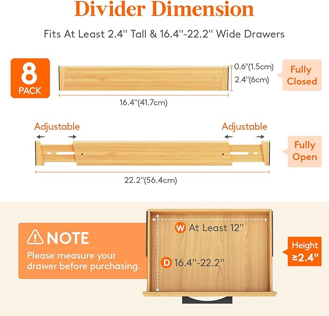 Lifewit 8 Pack Drawer Dividers Bamboo 2.4" High, 16-22" Adjustable Drawer Organizers for Clothes, Wooden Dresser Separators in Bedroom/Bathroom/Kitchen/Fridge/Office Organization and Storage