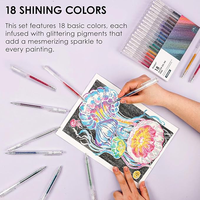 Grabie Glitter Gel Pens 18 Colors, Metallic Vibrant Sparkle Gel Pens for Coloring, Retractable Sparkle Glitter Pens for Adults,Colored Gel Pens for Adult Coloring Books and Drawing