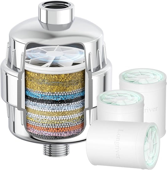 R7 Shower Filter with 3 Replacement Cartridge High Put Shower Water Filter for Hard Water 99.99% Remove Chlorine, Heavy Metals, Shower Water Softener, Improve your skin and hair, Chrome