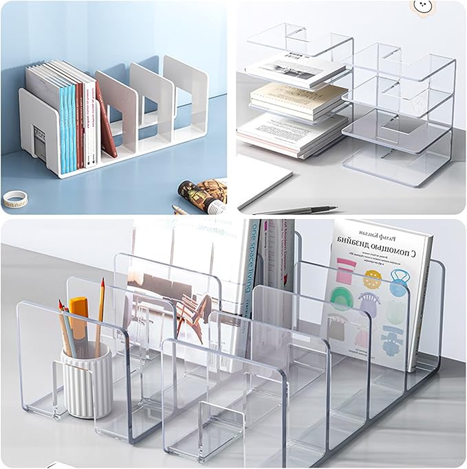 2PCS Acrylic File Organizer for Desk, Desktop Document/Mail Organizer, 4 Compartments Plastics Invisible Bookshelf Floating (12.5" x 5.7" x 5", Pink)