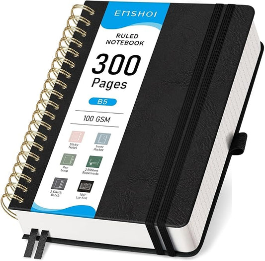 EMSHOI Spiral Notebook College Ruled, 300 Numbered Pages, B5 Large Hardcover Leather, 100 GSM Thick Lined Journal for Women Men Work Writing Journaling Note Taking, 7.48" x 10.15", Black