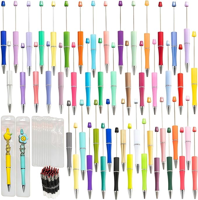 JHESAO 150PCS DIY Beadable Pens Kit, 50 Plastic Ballpoint Pens Bulk with Refills & Pouch, School Office Supplies and Decorative for Students & Teachers (Multicolor)