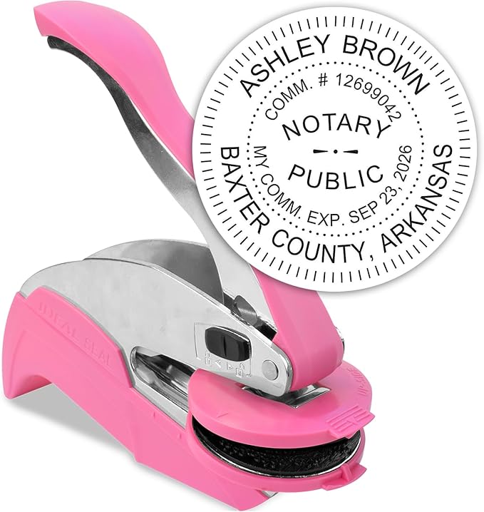 MaxMark Notary Seal Round Pink Embosser for Arkansas State - Includes Gold Burst Seal Labels (50 Count)
