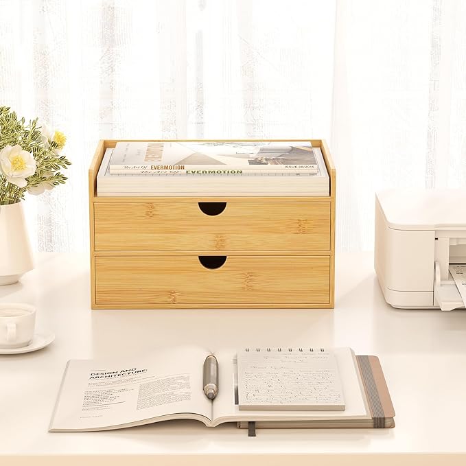 Bamboo Desk Organizer with Drawers Desktop Storage Drawers for Bills Office Supplies Kitchen Utensils Organizing Tool for Home Classroom Organization No Assembly (Nature 2 Drawer)