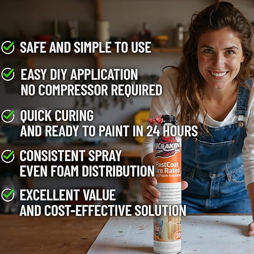 Kraken Bond Fastcoat Fire Rated Spray Foam Insulation Kit Closed Cell in a Can 20 sq ft (1x27.1 oz.) (R-Value 11.32 / 2in) - Spray Foam for Garage Door, Attic, Wall Gun & Cleaner Not Included, 1 Pack