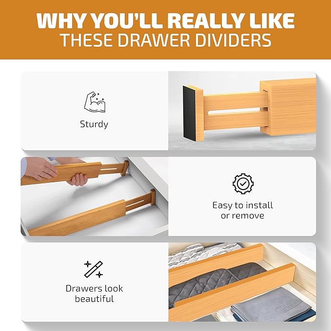 Bambüsi 4 Pack Drawer Divider - Bamboo 2.6" High, 12.5-17" Adjustable Drawer Organizers for Clothes, Expandable Dresser Separators in Bedroom/Bathroom/Kitchen/Office Organization and Storage