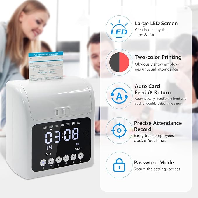 Time Clock Bundle for Small Business, Passcode Time Clock Punch Machine with 200 Time Cards, 4 Ink Ribbons, 2 Ten-Slot Time Card Racks, Auto-Align Clock in Machine for Employees