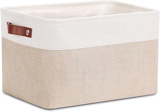 DULLEMELO Collapsible Rectangle Fabric Storage Basket for Organizing Clothes, Toys, Towels, Books, Laundry, Nursery, Dog Toys (White & Khaki)