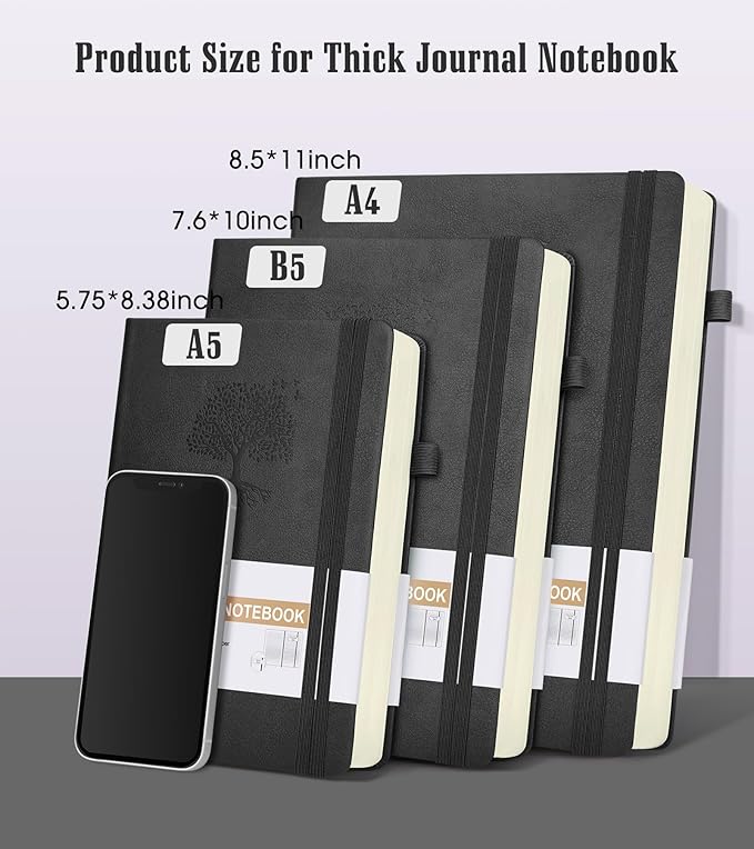 Lined Journal, 365 Pages B5 Large Hardcover Leather Notebook for Women Men, Daily Writing for Work, Note Taking, 100Gsm Thick Paper (7.6'' X 10'' Black)
