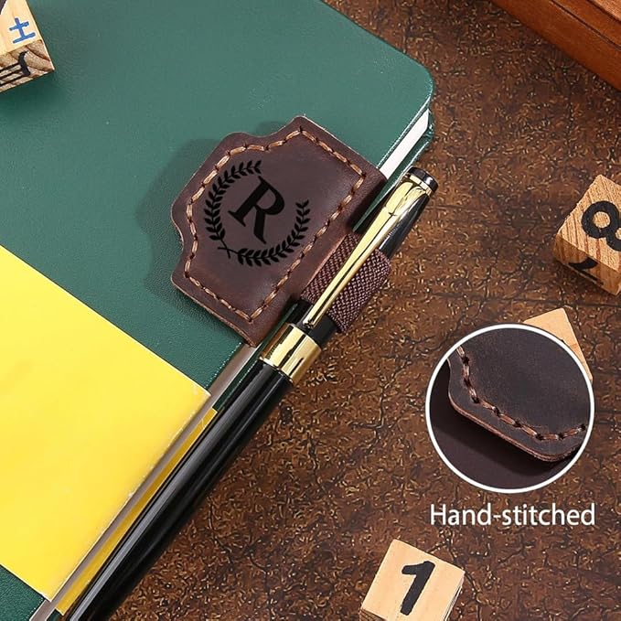 Custom Bookmark with Pen Holder with 26 Letters Personalized Magnetic Leather Book Mark, Customized Name Book Marker Clip with Initial for Men Women, Gifts for Book Lovers, Readers, (Blue, L)