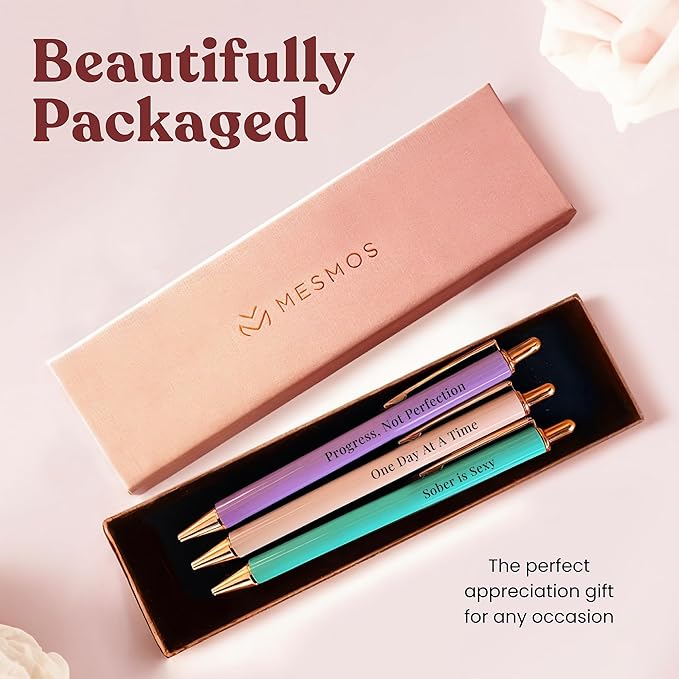 MESMOS Meaningful Sobriety Gifts for Women, 3pk Fancy Pen Set with German-Made Ink, Inspirational Pens, Proud of You Sober Gifts, Sober Affirmation Quote