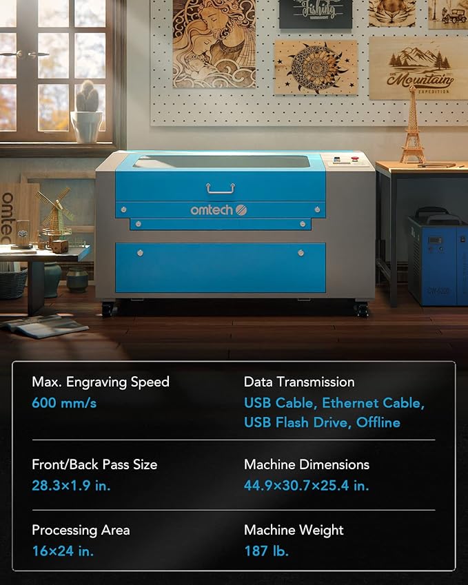 OMTech 60W CO2 Laser Engraver with LightBurn and Water Chiller, 16"x24" Laser Engraving Cutting Machine with Air Assist 2 Way Pass Digital Controls, Commercial Laser Cutter