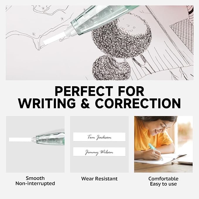 Refillable Retractable White Correction Tape, White Smooth Pull Out Correction Tape with 2 Extra Refills, Cute Correction Tape for Office Supplies, 4 PCS (CS-25)