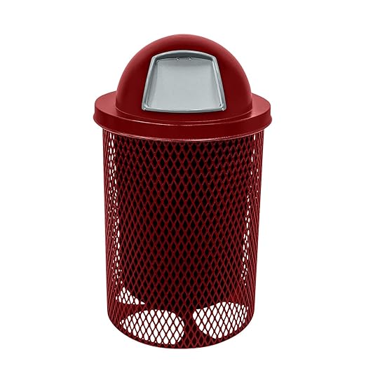 COATEDOUTDOORFURNITURE RDT-TXTBUR Heavy Duty 32 Gallon Round Trash Receptacle, Liner Included, Textured Burgundy with Black Dome, Made in America