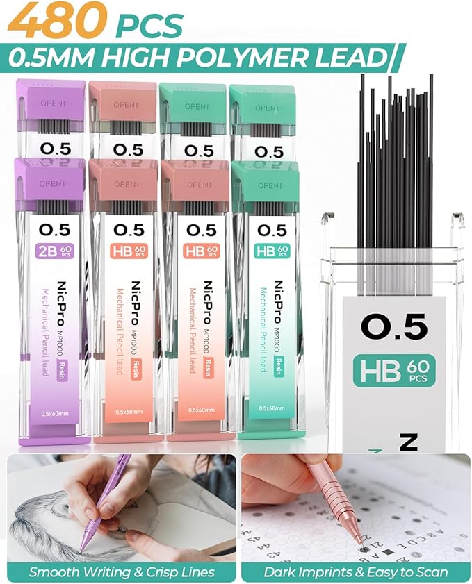 Nicpro 0.5 mm Metal Mechanical Pencil Set, 3PCS MP1000 Artist Lead Pencils With 480PCS HB 2B Lead Refills, Erasers, Aesthetic School Supplies for Girls & Women Teacher Writing Drawing Sketching