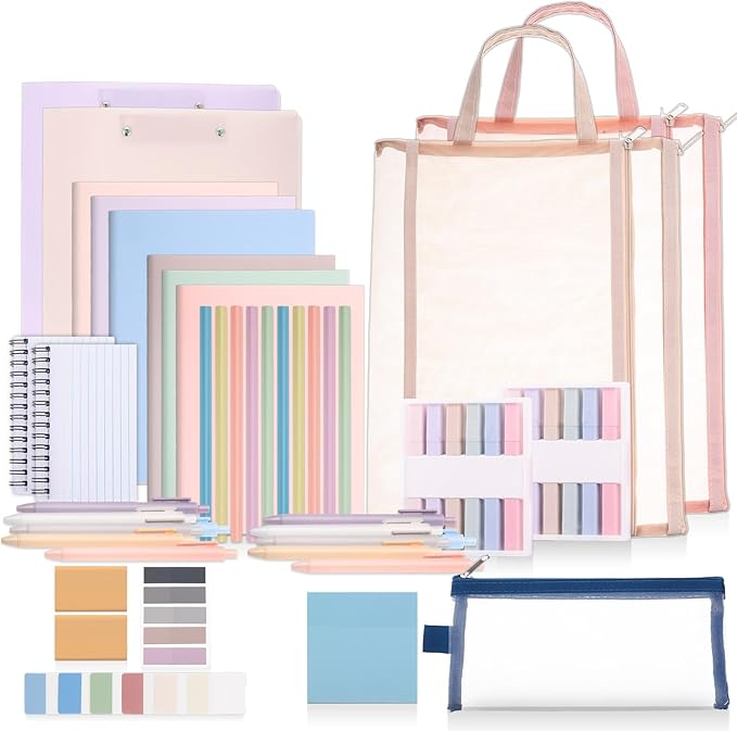 54 Pieces Aesthetic School Supplies Including Pastel Highlighters Document Bags Pencils Notebooks Pencil Pouch Ink Pens Sticky Notes Erasers Back to School Stationary Kit Supplies(Macaron Color)