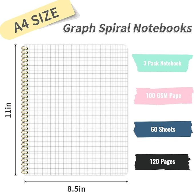 Spiral Graph Notebook 8.5” x 11”, A4 Black Grid Paper Notebook, 120 Pages 100GSM Thick Large Graphing Notebook，Hardcover Spiral Notebook Journals for Work School Engineering